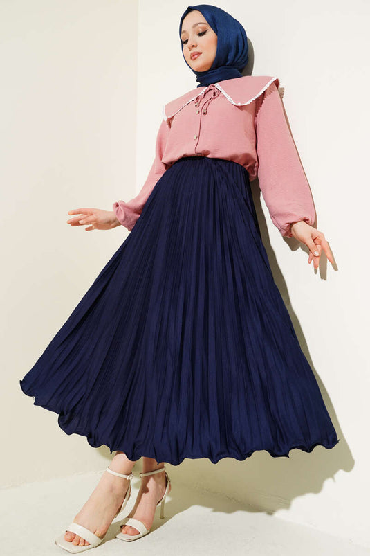 Fırfırlı Pileli Bel Lastikli Etek Lacivert