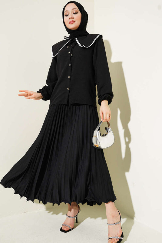 Fırfırlı Pileli Bel Lastikli Etek Siyah