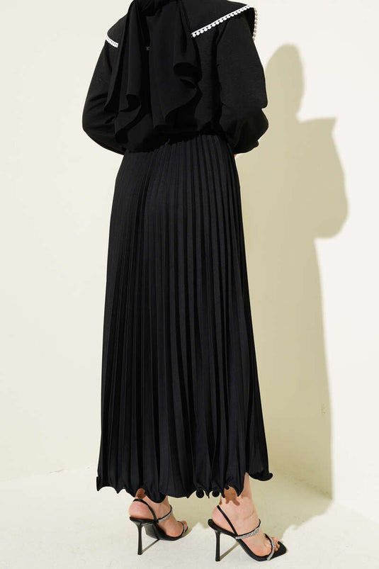 Fırfırlı Pileli Bel Lastikli Etek Siyah