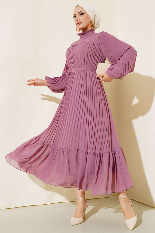 Ruffled Pleated Chiffon Dress Magenta