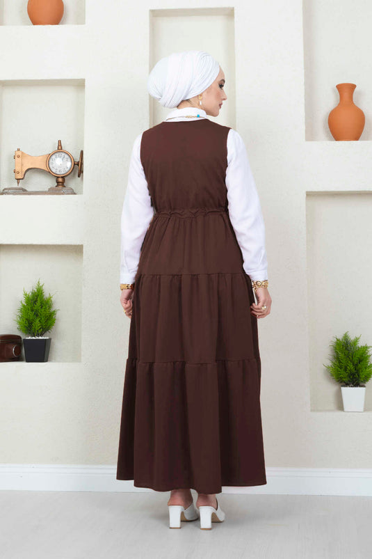 Robe Modeste en Scuba à Volants Couleur Café