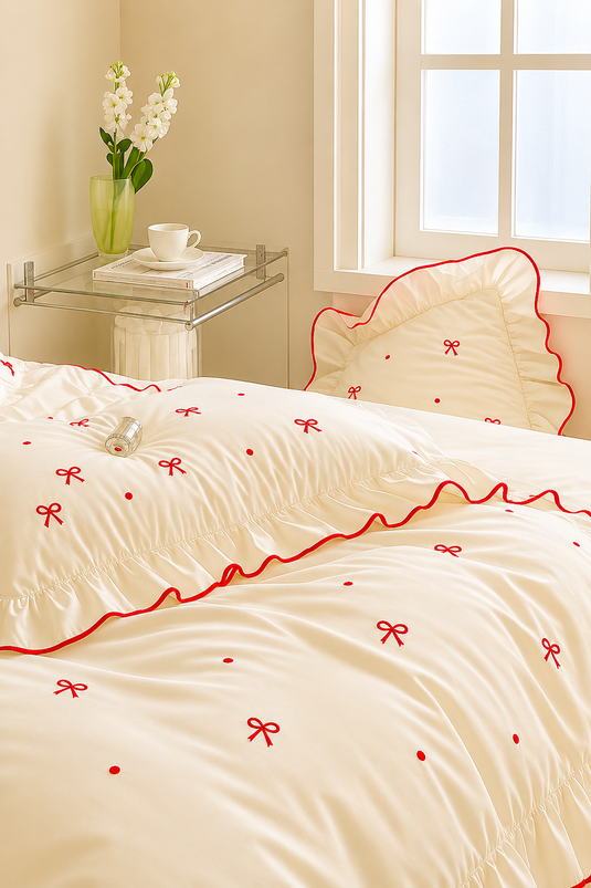 Ensemble de housse de couette avec volants et couture décorative Bordeaux