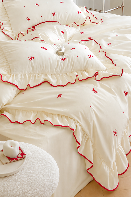 Ensemble de housse de couette avec volants et couture décorative Bordeaux