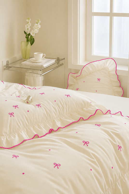 Ensemble de housse de couette avec volants et couture décorative rose