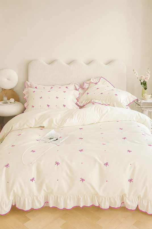 Ensemble de housse de couette avec volants et couture décorative rose