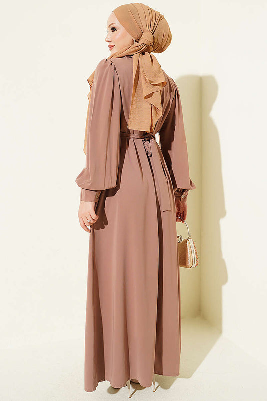 Fırfırlı Taşlı Elbise Camel