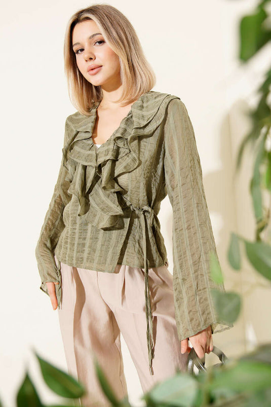 Fırfırlı Transparan Bluz Haki