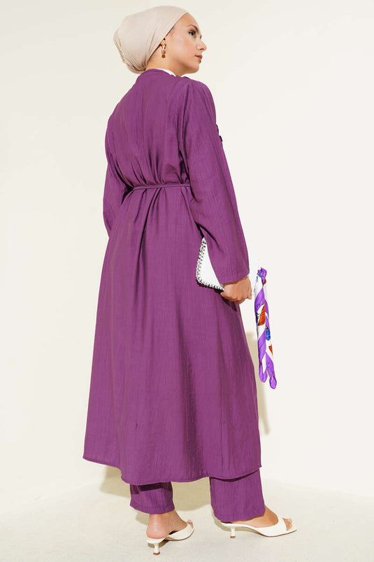 طقم كارديجان طويل مكشكش مكون من قطعتين - أرجواني