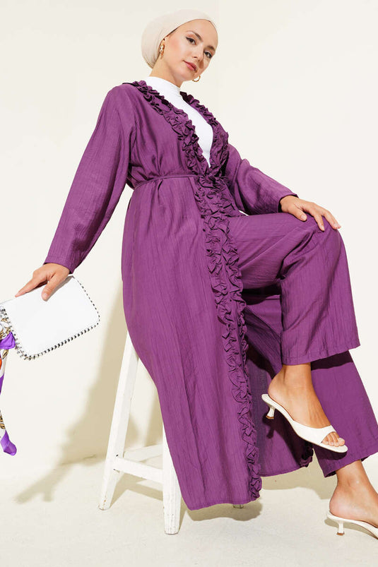 طقم كارديجان طويل مكشكش مكون من قطعتين - أرجواني