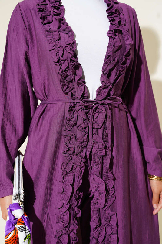 طقم كارديجان طويل مكشكش مكون من قطعتين - أرجواني