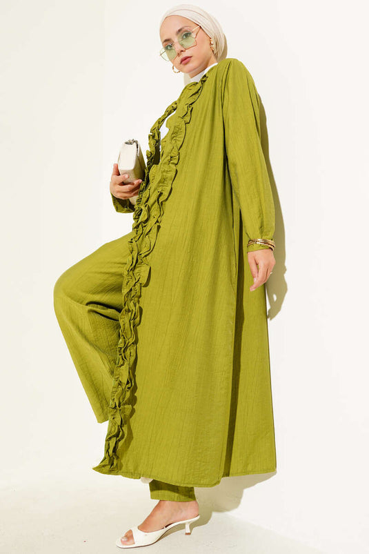 Ensemble deux pièces cardigan long à volants vert