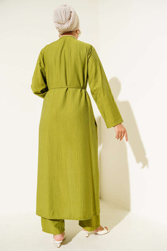 Ensemble deux pièces cardigan long à volants vert