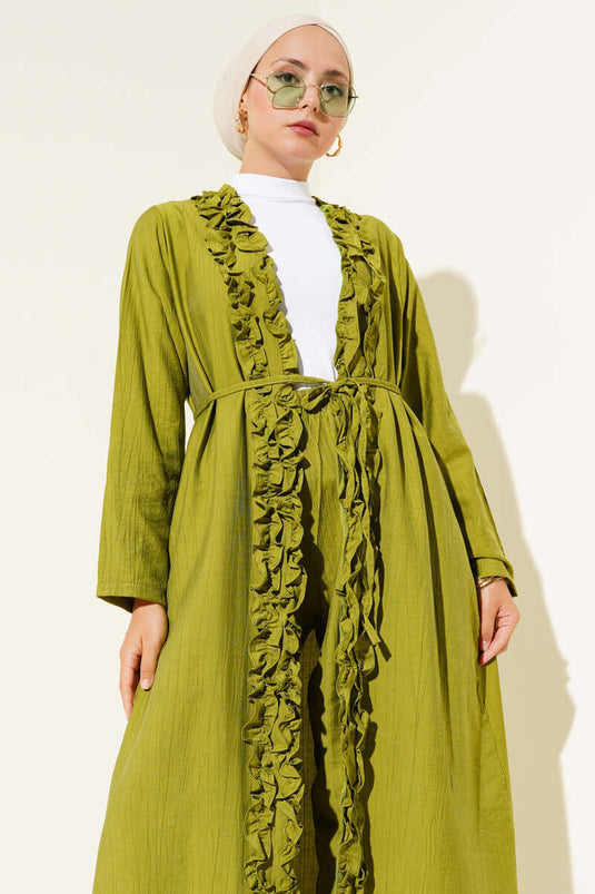 Ensemble deux pièces cardigan long à volants vert