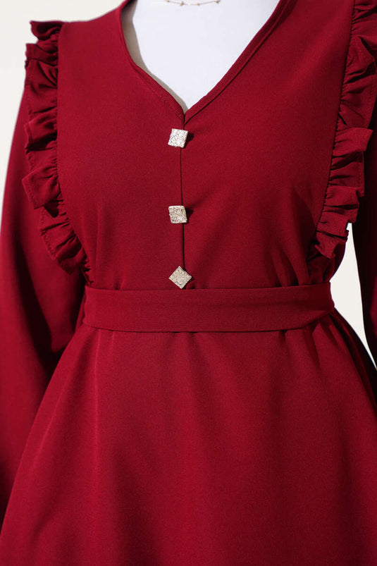 Ruffle V-Neck Double Breasted Suit Burgundy