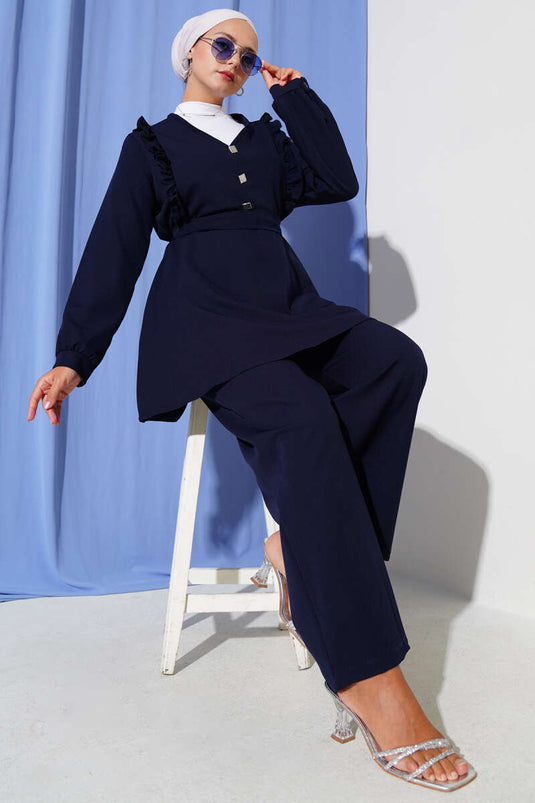 Costume croisé à volants et col en V bleu marine