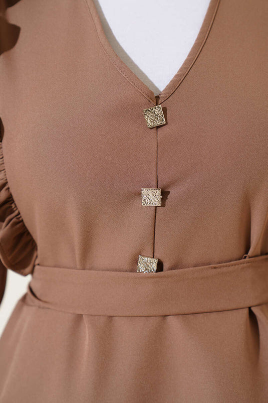 Ruffle V-Neck Double Breasted Suit Latte