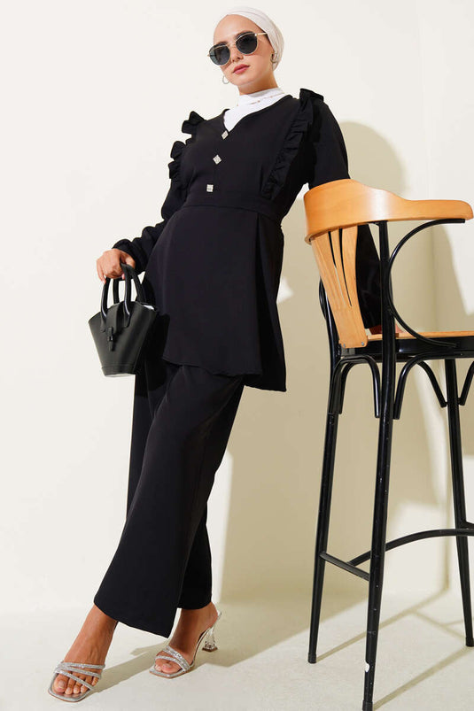 Ruffle V-Neck Double Breasted Two Piece Set Black