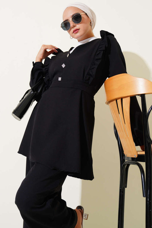 Ruffle V-Neck Double Breasted Two Piece Set Black