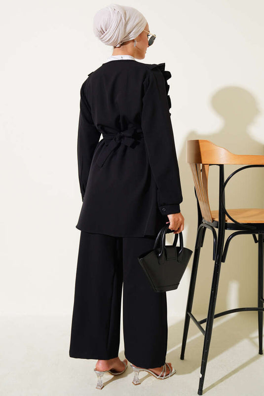 Ruffle V-Neck Double Breasted Two Piece Set Black