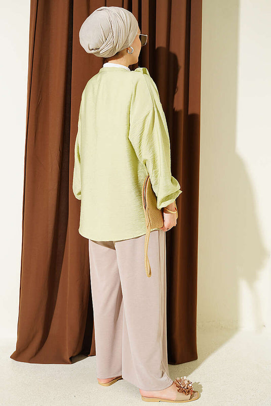 Ruffled V-Neck Gold Button Shirt Sage