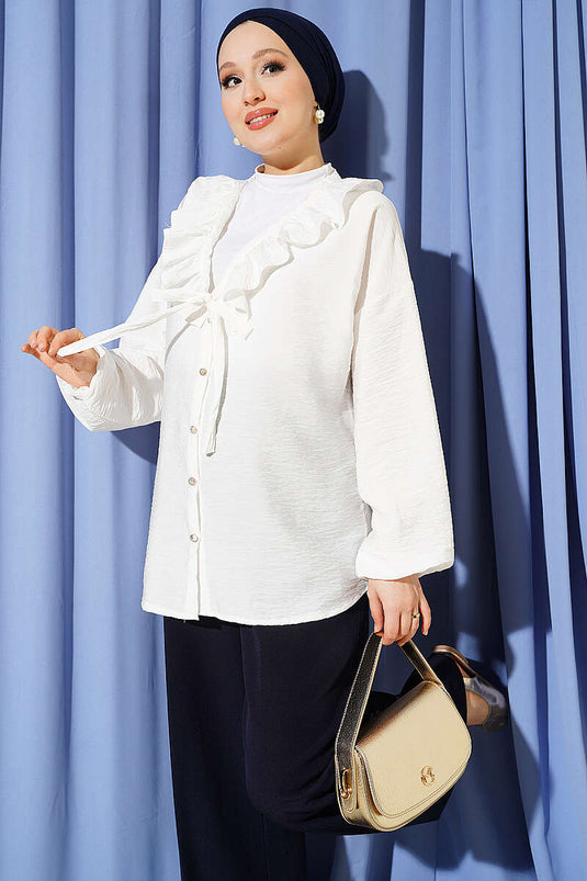 Ruffled V-Neck Gold Button Shirt White