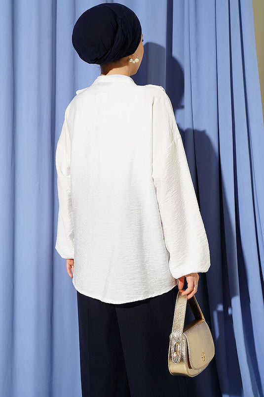 Ruffled V-Neck Gold Button Shirt White