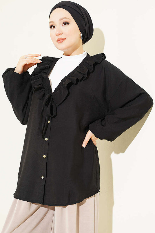 Ruffled V-Neck Gold Button Shirt Black
