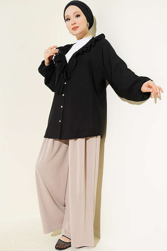 Ruffled V-Neck Gold Button Shirt Black