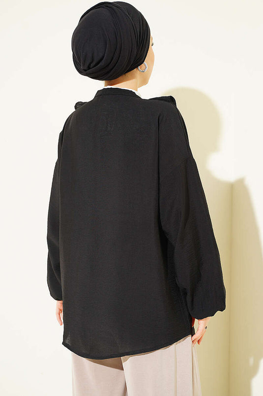 Ruffled V-Neck Gold Button Shirt Black