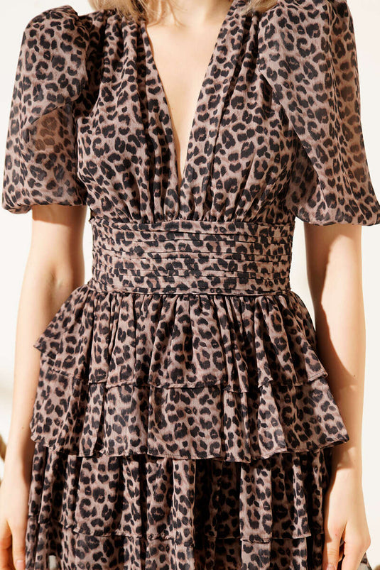 Ruffled V-Neck Mini Chiffon Dress Leopard