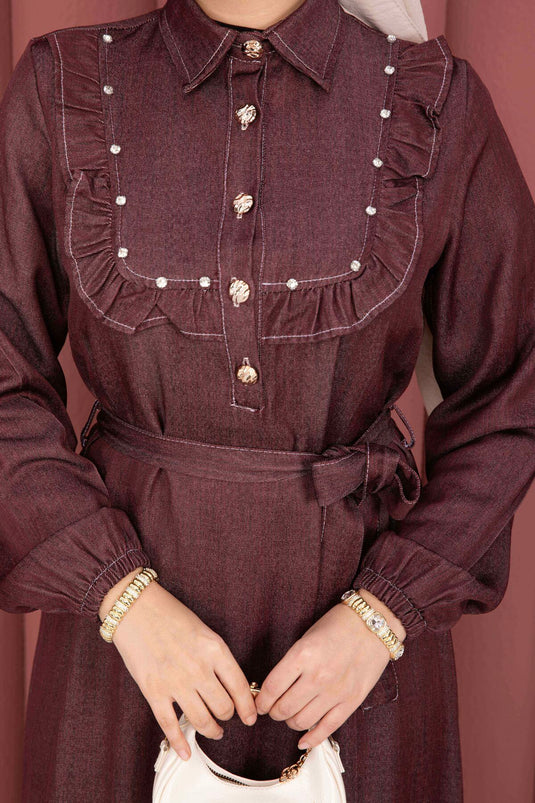 Robe en denim tensel bordeaux à col volanté et demi-patte de boutonnage