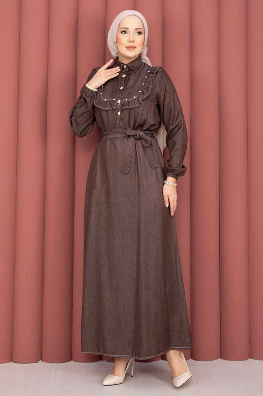 Ruffled Collar Half-Button Tencel Denim Dress Brown