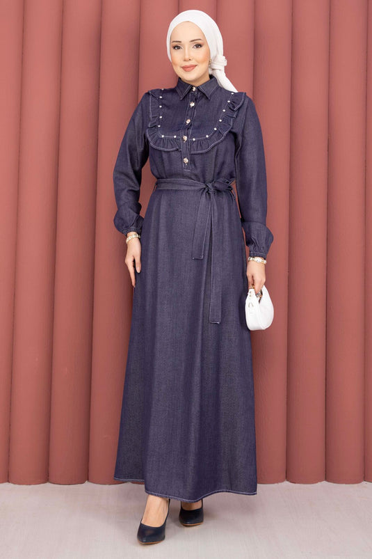 Ruffled Collar Half-Button Tencel Denim Dress Navy Blue