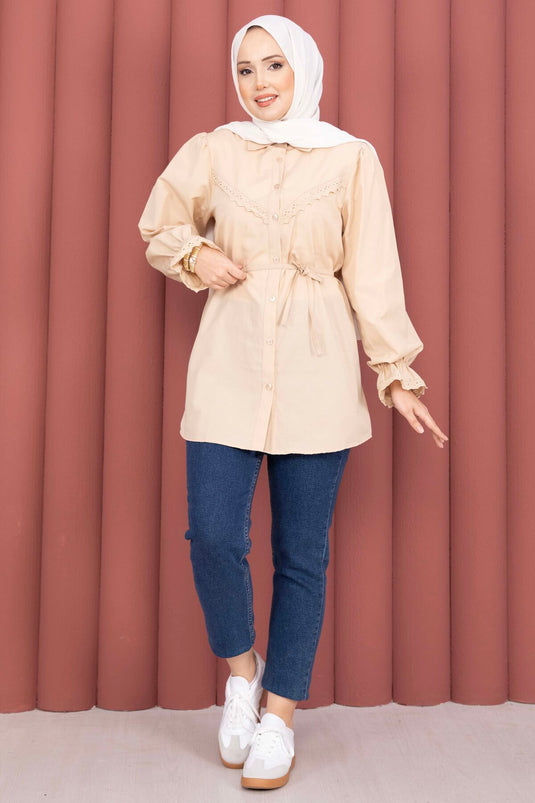 Fisto-Detail Bluse mit Schnürung Beige