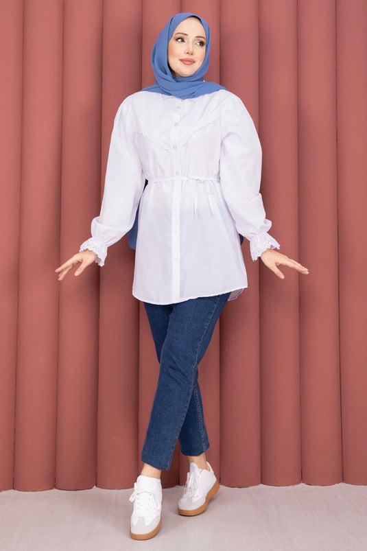 White Shirt with Fist Detail and Drawstring