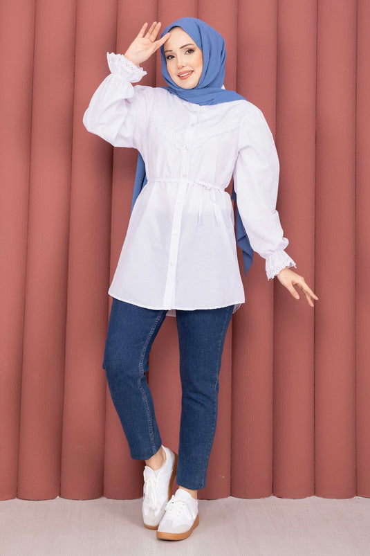 White Shirt with Fist Detail and Drawstring