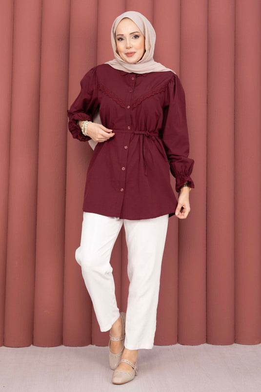 Bluse mit Fischnetz-Details und Schnürung, Bordeaux