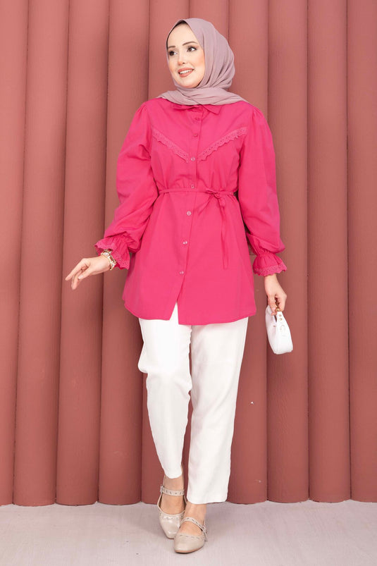 Chemise à lacets avec détails en dentelle fuchsia