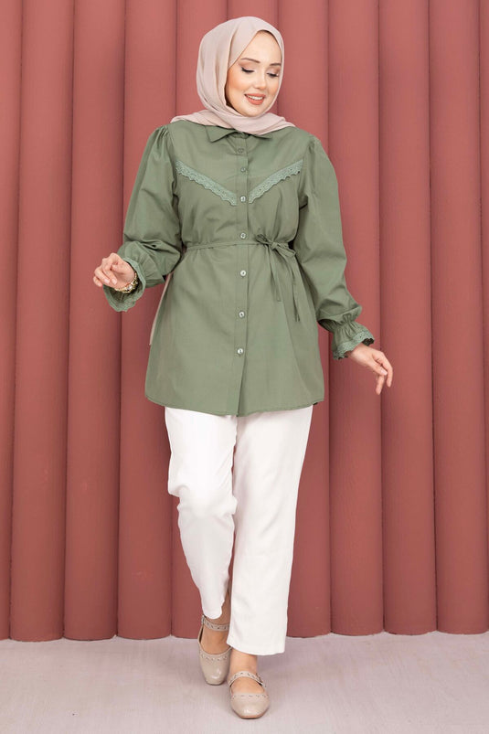 Fisto-Detail Bluse mit Kordelzug in Khaki