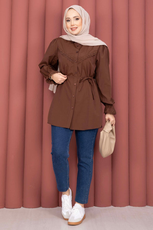 Fisto-Detail Bluse mit Schnürung, Kaffee-Braun