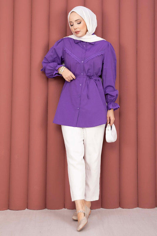 Bluse mit Fischnetz-Details und Schnürung, Lila