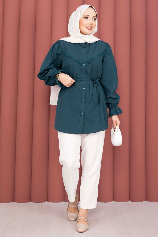 Fisto-Detail Bluse mit Schnürung in Petrol