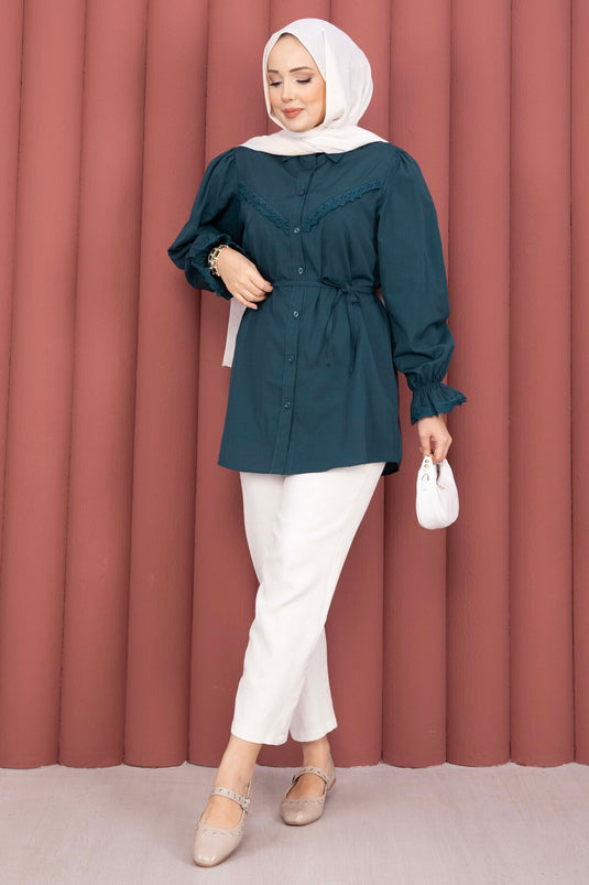 Fisto-Detail Bluse mit Schnürung in Petrol