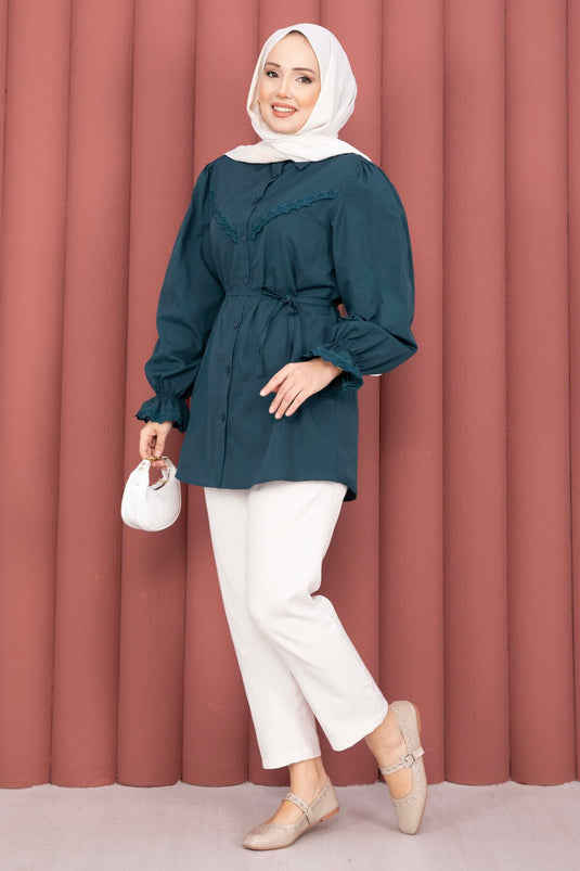 Fisto-Detail Bluse mit Schnürung in Petrol