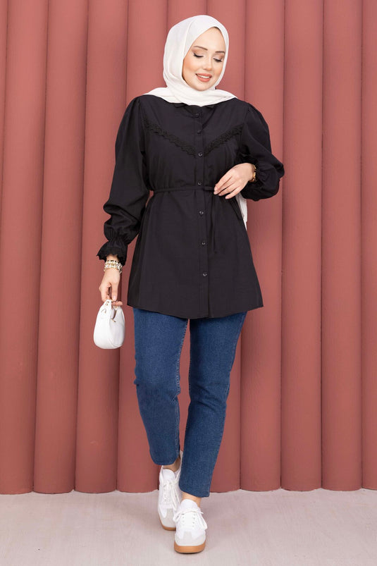 Black Shirt with Fist Detail and Drawstring
