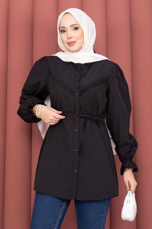 Fisto-Detail Bluse mit Schnürung Schwarz