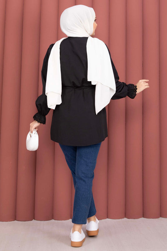 Black Shirt with Fist Detail and Drawstring