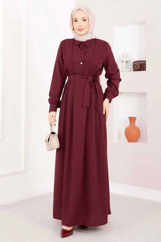Abito Tesettür con Cintura e Dettaglio a Pizzo Bordò