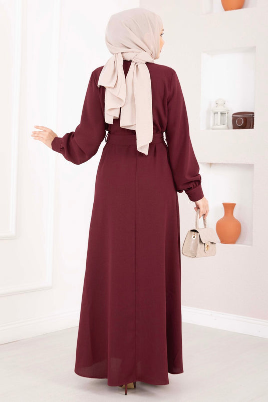 Robe Modeste à Ceinture avec Détail en Fils Bordeaux
