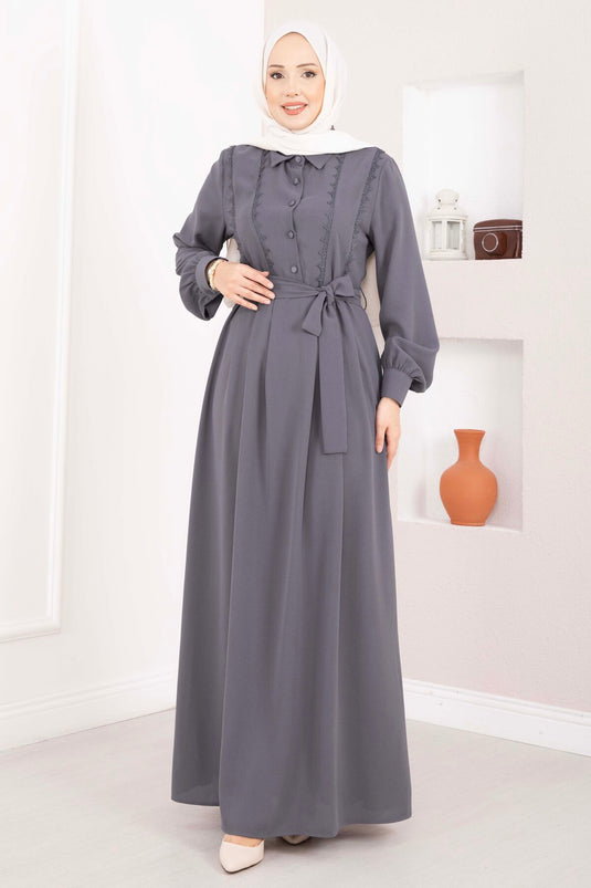 Fisto-Detail Gürteltes Modest Fashion Kleid Grau